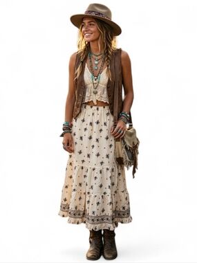 Boho Prairie Festival Floral Tiered Maxi Skirt Cream Flowy SZ XL